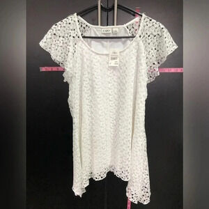 CATO Asymetrical Crochet lace like,flutter short sleeve, flared,scoop neck,lined